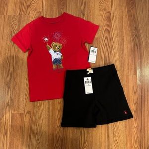 Polo Ralph Lauren Polo Bear Cotton Jersey Tee + Black Shorts, Size 5T